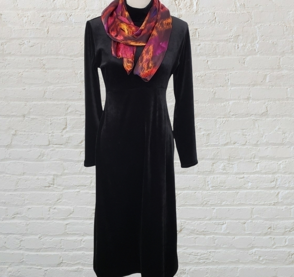 VINTAGE Y2K Black Velveteen Midi Dress Made in USA by Tiff Tiff Dress S EUC - Picture 2 of 14